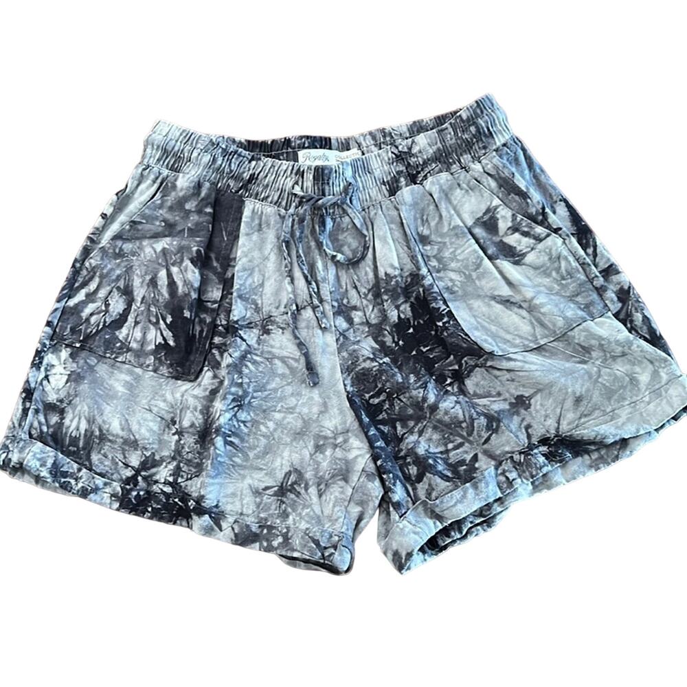 Royalty Gray Print Linen Blend Shorts Woman Size Small Tie Dye Cuffs Festival